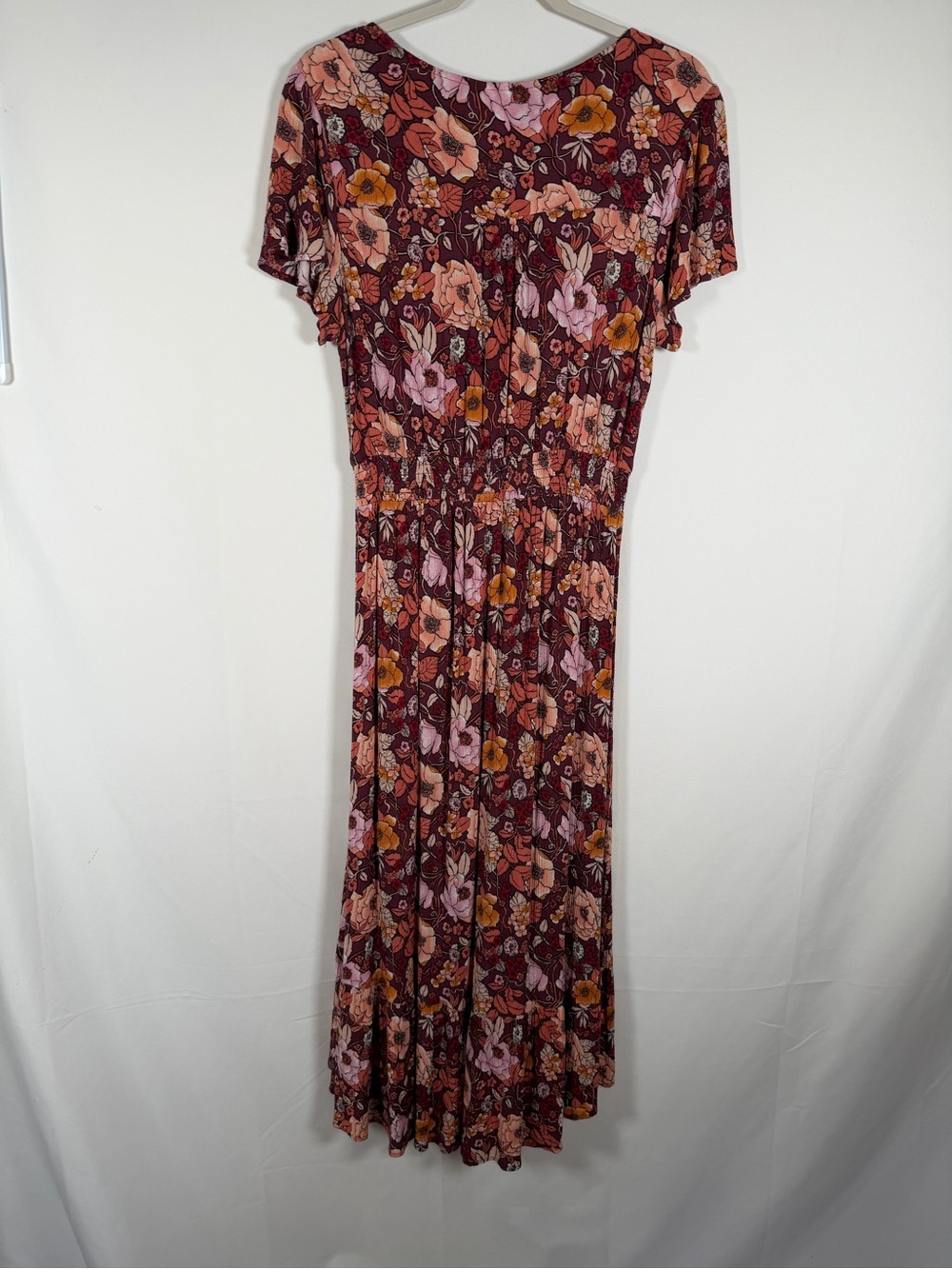 Knox Rose Boho Burgundy Floral Midi Dress with Pink & Mustard Accents - Picture 6 of 7